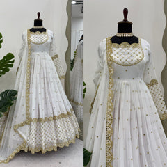 Stunning White Designer Gown with Matching Dupatta - Faux Georgette & Sequin Work