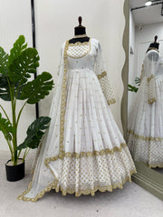 Stunning White Designer Gown with Matching Dupatta - Faux Georgette & Sequin Work