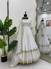 Stunning White Designer Gown with Matching Dupatta - Faux Georgette & Sequin Work