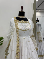 Stunning White Designer Gown with Matching Dupatta - Faux Georgette & Sequin Work