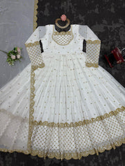 Stunning White Designer Gown with Matching Dupatta - Faux Georgette & Sequin Work