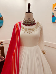 Stunning White Designer Party Gown, Pant & Dupatta Set – Fox Georgette with Sequin Embroidery