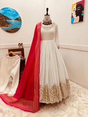 Stunning White Designer Party Gown, Pant & Dupatta Set – Fox Georgette with Sequin Embroidery