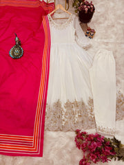 Stunning White Designer Party Gown, Pant & Dupatta Set – Fox Georgette with Sequin Embroidery
