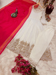Stunning White Designer Party Gown, Pant & Dupatta Set – Fox Georgette with Sequin Embroidery