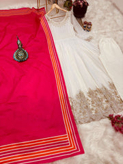 Stunning White Designer Party Gown, Pant & Dupatta Set – Fox Georgette with Sequin Embroidery