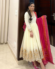 Stunning White Designer Party Gown, Pant & Dupatta Set – Fox Georgette with Sequin Embroidery