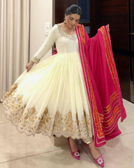 Stunning White Designer Party Gown, Pant & Dupatta Set – Fox Georgette with Sequin Embroidery