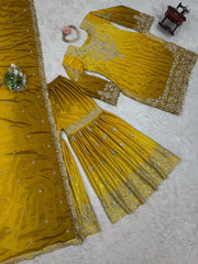 Stunning Yellow Designer Suit – Heavy Chinon Fabric with Sharara & Dupatta