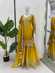 Stunning Yellow Designer Suit – Heavy Chinon Fabric with Sharara & Dupatta