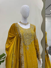 Stunning Yellow Designer Suit – Heavy Chinon Fabric with Sharara & Dupatta