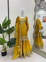 Stunning Yellow Designer Suit – Heavy Chinon Fabric with Sharara & Dupatta