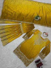 Stunning Yellow Designer Suit – Heavy Chinon Fabric with Sharara & Dupatta