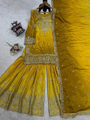 Stunning Yellow Designer Suit – Heavy Chinon Fabric with Sharara & Dupatta