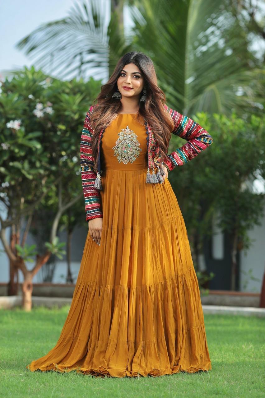 Stunning Yellow Fox Georgette Gown with Embroidery & Ruffle Flair + Matching Cotti