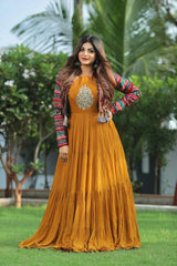 Stunning Yellow Fox Georgette Gown with Embroidery & Ruffle Flair + Matching Cotti
