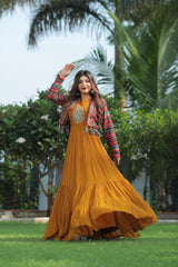 Stunning Yellow Fox Georgette Gown with Embroidery & Ruffle Flair + Matching Cotti