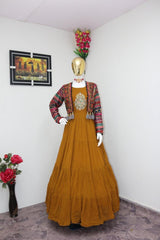 Stunning Yellow Fox Georgette Gown with Embroidery & Ruffle Flair + Matching Cotti