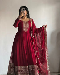 Vibrant Red Fox Georgette Embroidered Gown with Matching Dupatta