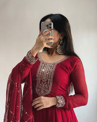 Vibrant Red Fox Georgette Embroidered Gown with Matching Dupatta