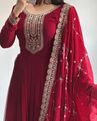 Vibrant Red Fox Georgette Embroidered Gown with Matching Dupatta
