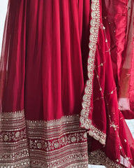 Vibrant Red Fox Georgette Embroidered Gown with Matching Dupatta
