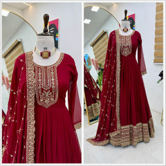 Vibrant Red Fox Georgette Embroidered Gown with Matching Dupatta