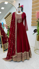 Vibrant Red Fox Georgette Embroidered Gown with Matching Dupatta