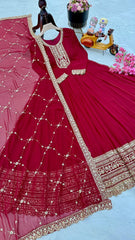 Vibrant Red Fox Georgette Embroidered Gown with Matching Dupatta
