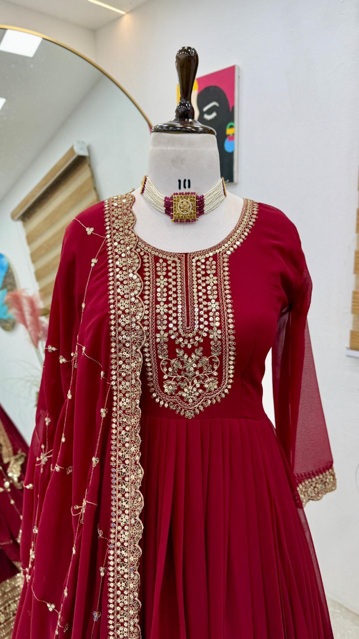 Vibrant Red Fox Georgette Embroidered Gown with Matching Dupatta