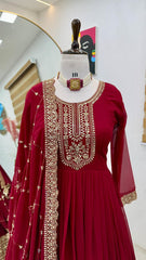 Vibrant Red Fox Georgette Embroidered Gown with Matching Dupatta
