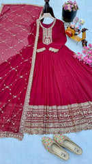 Vibrant Red Fox Georgette Embroidered Gown with Matching Dupatta