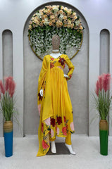 Vibrant Yellow Designer Side Cut Suit – Muslin Fabric with Digital Print & Handwork
