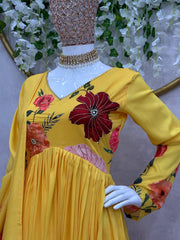 Vibrant Yellow Designer Side Cut Suit – Muslin Fabric with Digital Print & Handwork