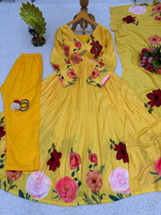 Vibrant Yellow Designer Side Cut Suit – Muslin Fabric with Digital Print & Handwork