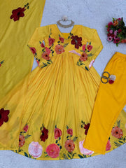 Vibrant Yellow Designer Side Cut Suit – Muslin Fabric with Digital Print & Handwork