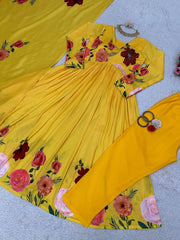Vibrant Yellow Designer Side Cut Suit – Muslin Fabric with Digital Print & Handwork