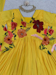 Vibrant Yellow Designer Side Cut Suit – Muslin Fabric with Digital Print & Handwork