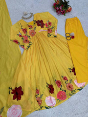 Vibrant Yellow Designer Side Cut Suit – Muslin Fabric with Digital Print & Handwork