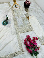 White New Designer Party Suit & Dupatta Set – Chinon Silk with Sequin Embroidery & Coding Work
