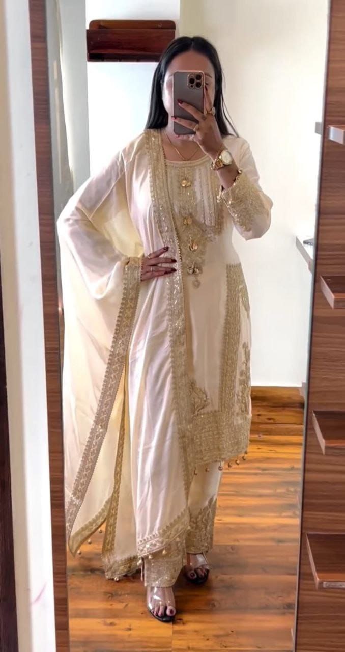 White New Designer Party Suit & Dupatta Set – Chinon Silk with Sequin Embroidery & Coding Work