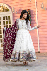 Wine Party Wear Faux Georgette Gown Set – Embroidered Dupatta & Bottom