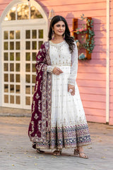 Wine Party Wear Faux Georgette Gown Set – Embroidered Dupatta & Bottom
