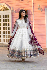 Wine Party Wear Faux Georgette Gown Set – Embroidered Dupatta & Bottom