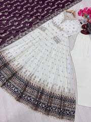 Wine Party Wear Faux Georgette Gown Set – Embroidered Dupatta & Bottom