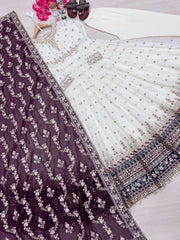 Wine Party Wear Faux Georgette Gown Set – Embroidered Dupatta & Bottom