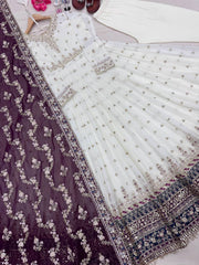 Wine Party Wear Faux Georgette Gown Set – Embroidered Dupatta & Bottom