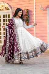 Wine Party Wear Faux Georgette Gown Set – Embroidered Dupatta & Bottom