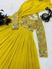 Yellow Designer Embroidered Gown with Dupatta