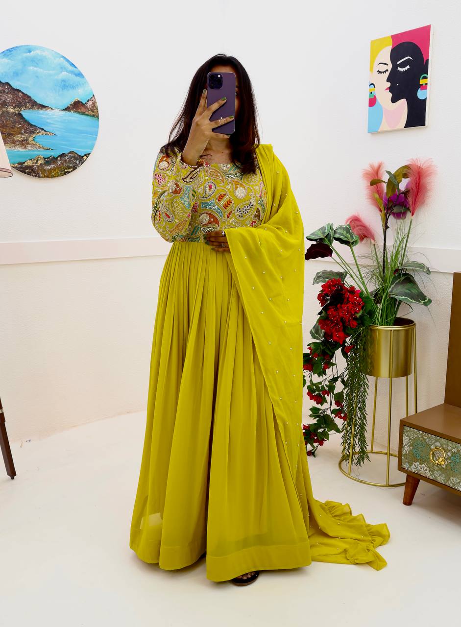 Yellow Designer Embroidered Gown with Dupatta